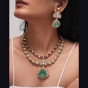 Sabyasachi Inspired Gold Plated Green Center Stone Mossanite Jewelry Set